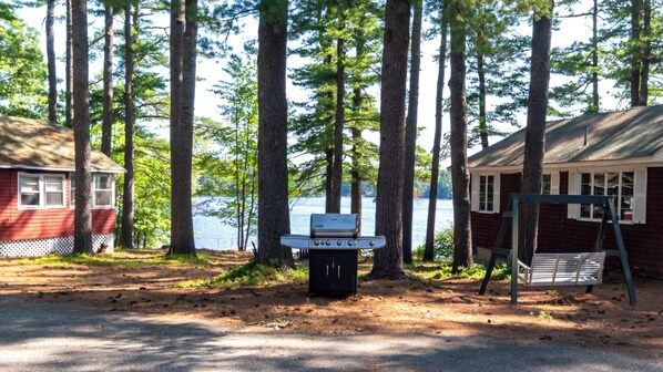 A campsite with a grill and a swing set, surrounded by tall trees and a lake view.