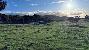 A grassy field with a white building and a blue tractor.