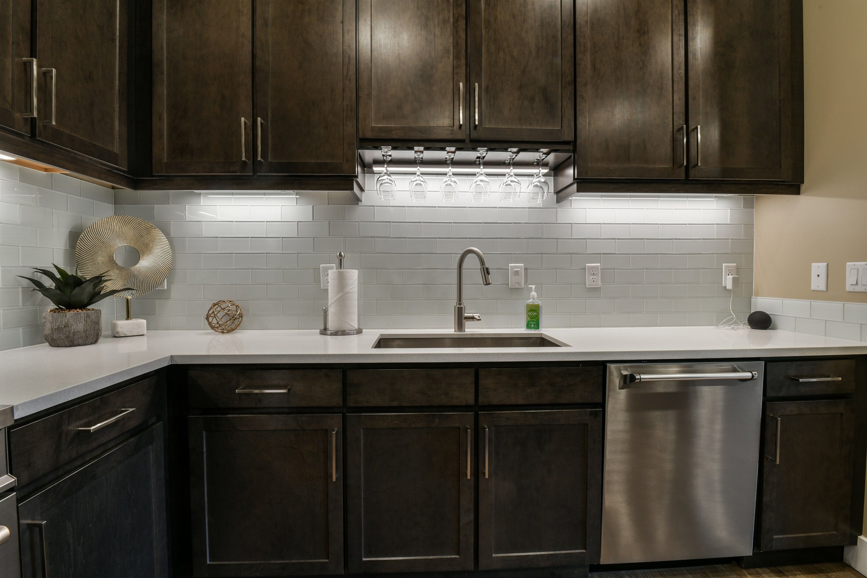 A modern kitchen with dark wood cabinets, a stainless steel dishwasher, and a white tiled backsplash.