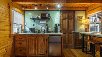 Fridge, microwave, coffee/tea maker, toaster