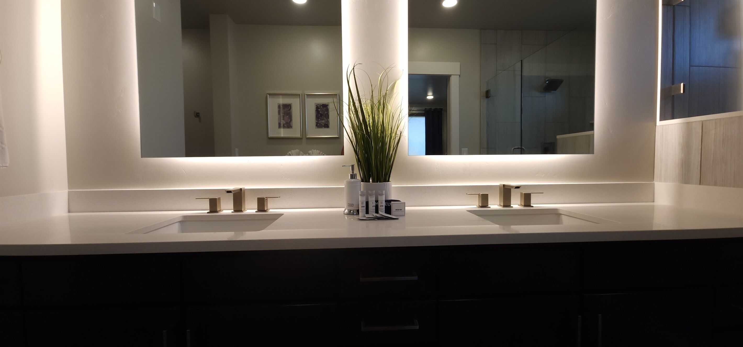 Un bagno moderno con due lavandini, un grande specchio e una pianta in vaso.