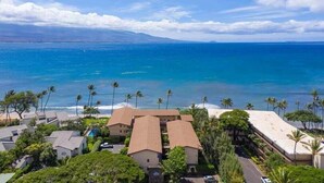 Une propriété située sur la côte, comprenant plusieurs bâtiments, une plage et des palmiers.