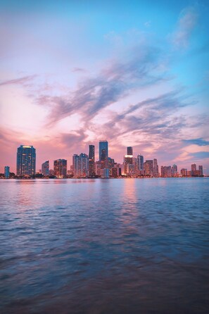 A city skyline with high-rise buildings along a waterfront. - La Orquidia (Miami)