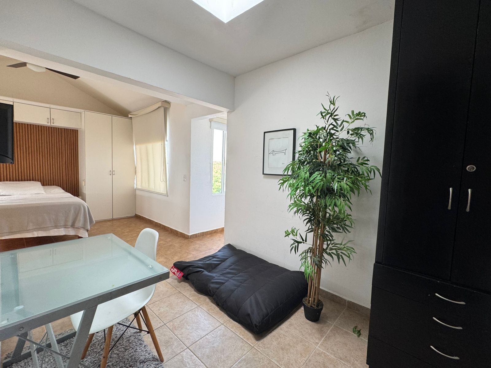 A compact room with a bed, a small table, a chair, a potted plant, and a wardrobe.