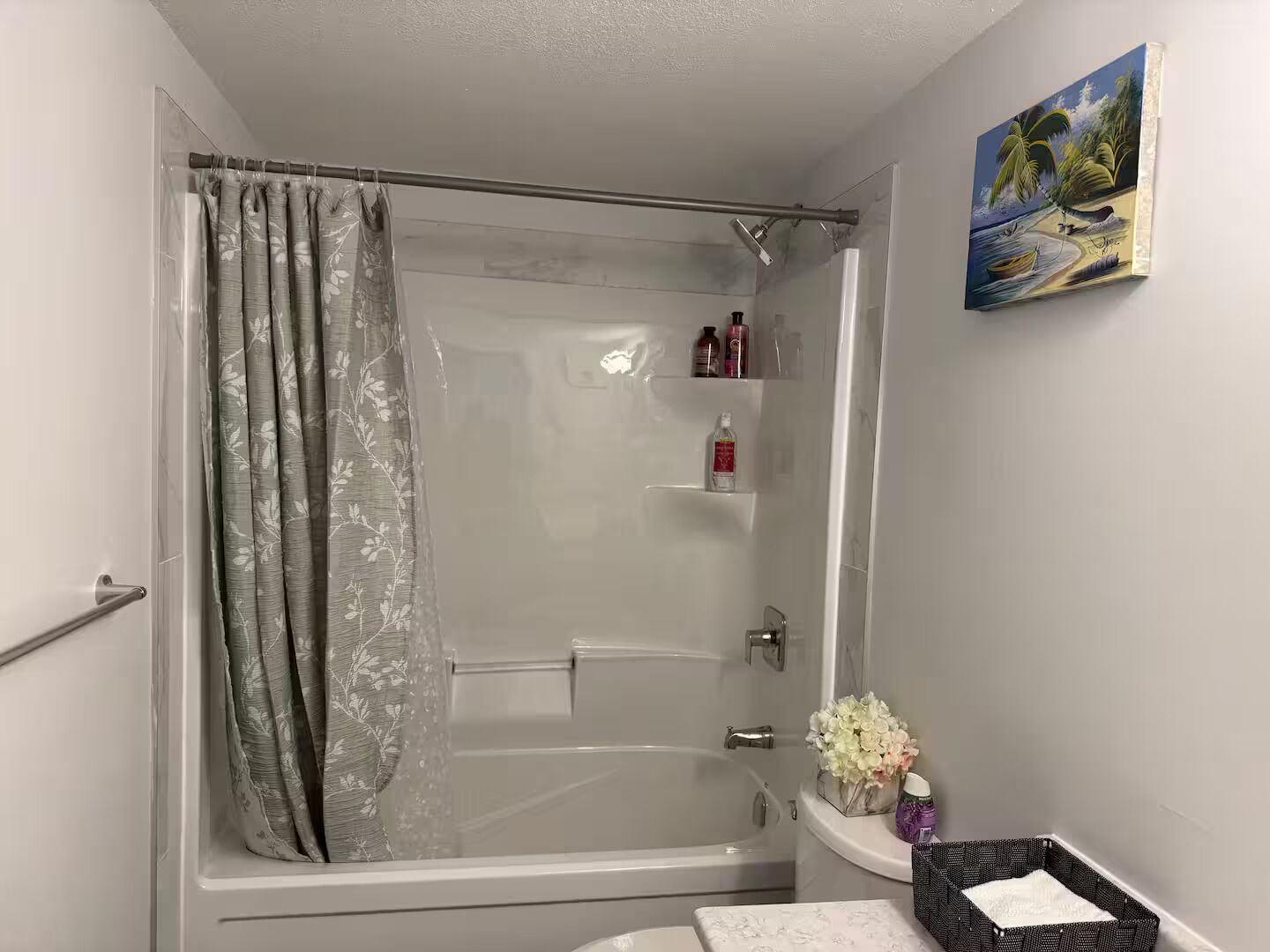 Hair dryer, towels, soap, toilet paper