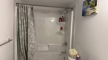 Hair dryer, towels, soap, toilet paper