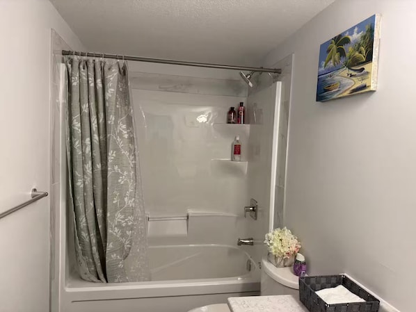 Hair dryer, towels, soap, toilet paper