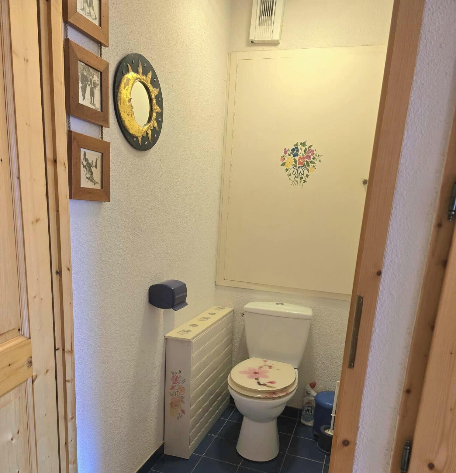 A small bathroom with a toilet, a wall-mounted mirror, and framed pictures.