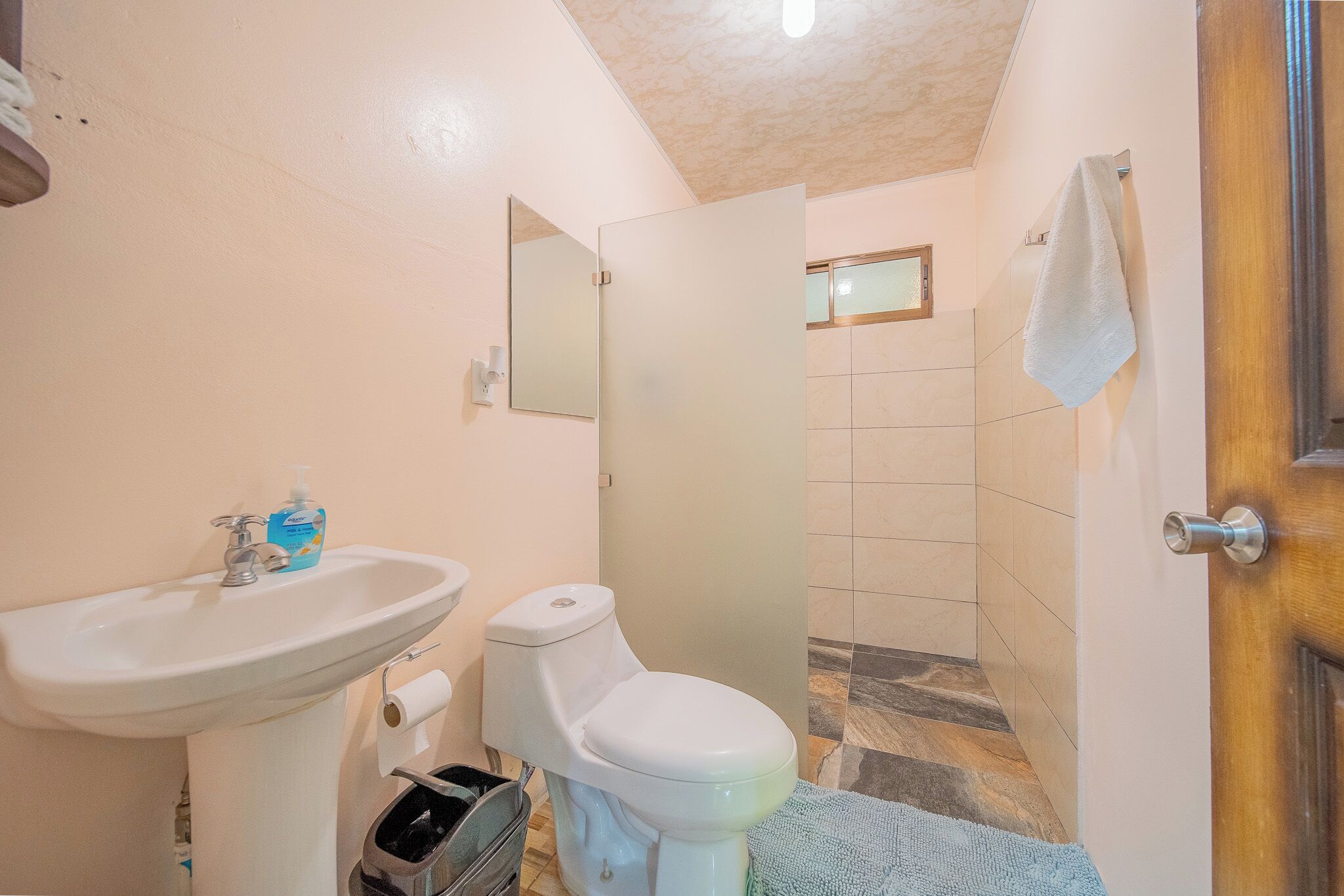Une salle de bain comprenant un lavabo, des toilettes et un espace douche.