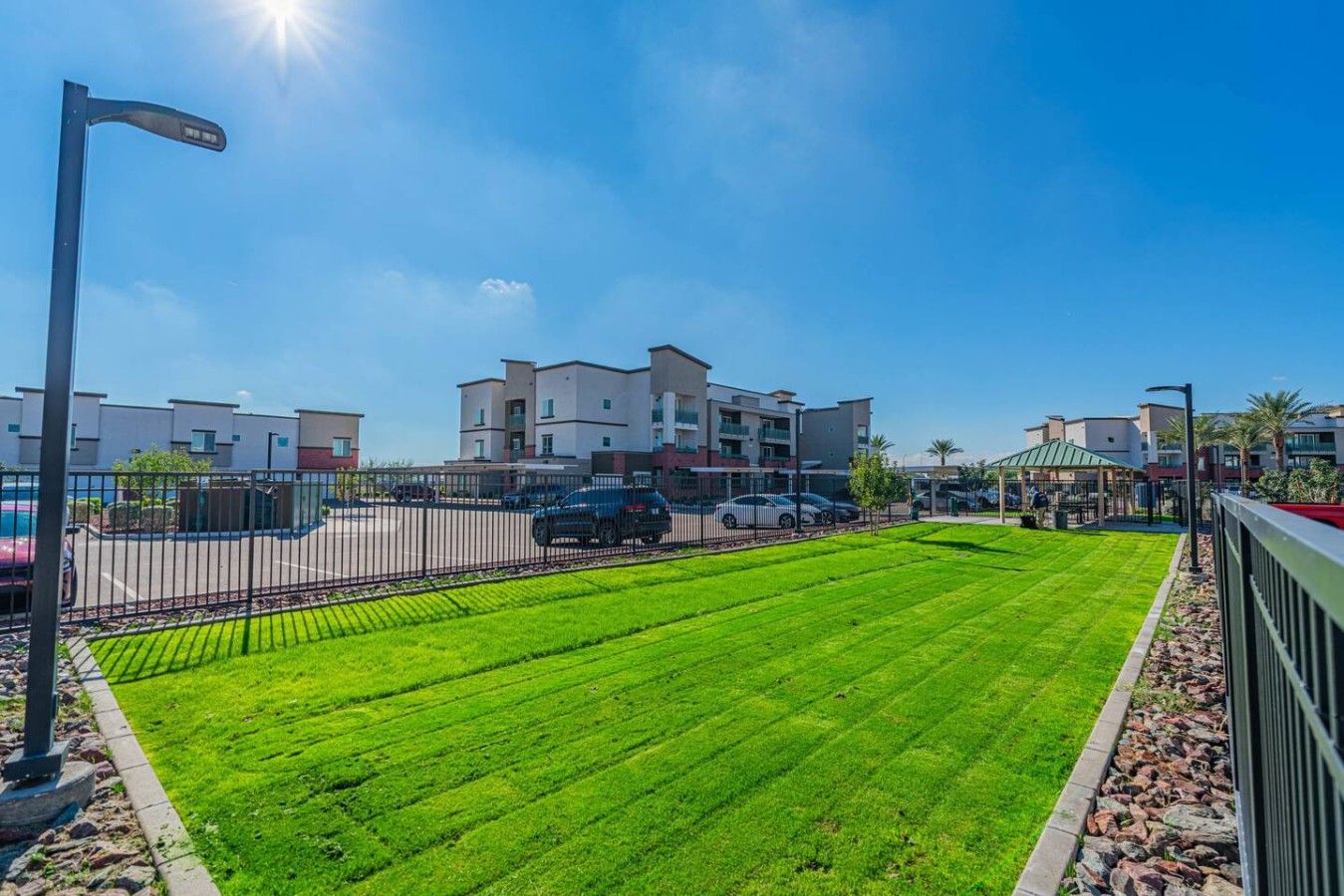 A well-maintained lawn with a fence, a streetlight, and modern buildings in the background.