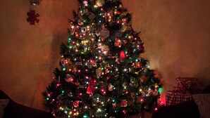 A Christmas tree with lights and ornaments, surrounded by wrapped presents. - Resort 2 beds Studio occ. for 4 Parcel Kitchen Enchanting Breckenridge Christmas (Breckenridge)