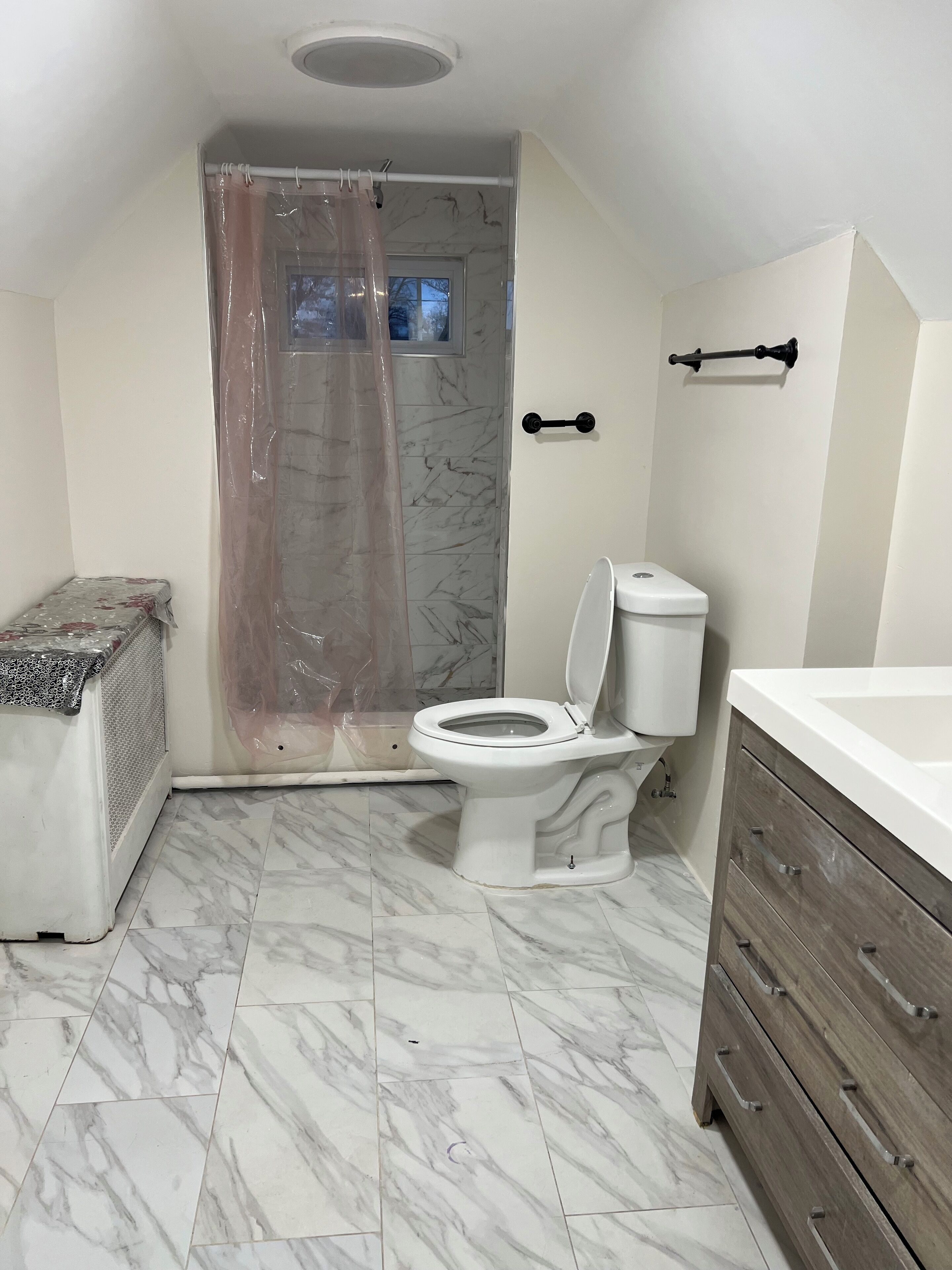 A bathroom with a toilet, shower, and wooden vanity.