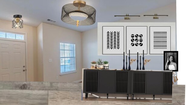 A modern living room with a black entertainment unit, a large window, and a ceiling light fixture. - 3-bedroom townhome in Atlanta near entertainment attractions (Atlanta)