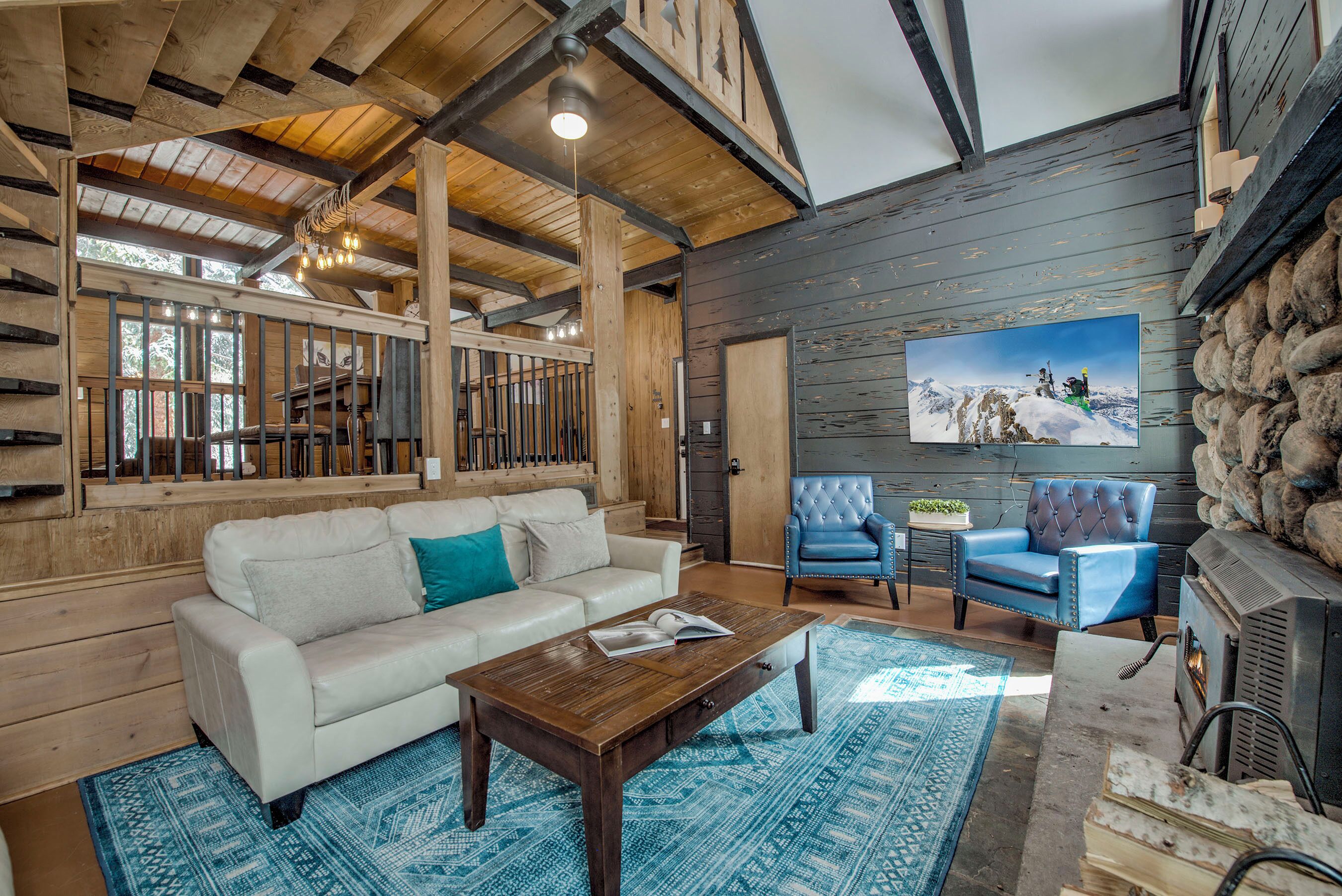 Smart TV, fireplace, books