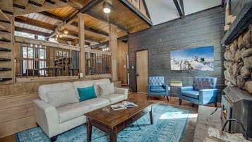 Smart TV, fireplace, books