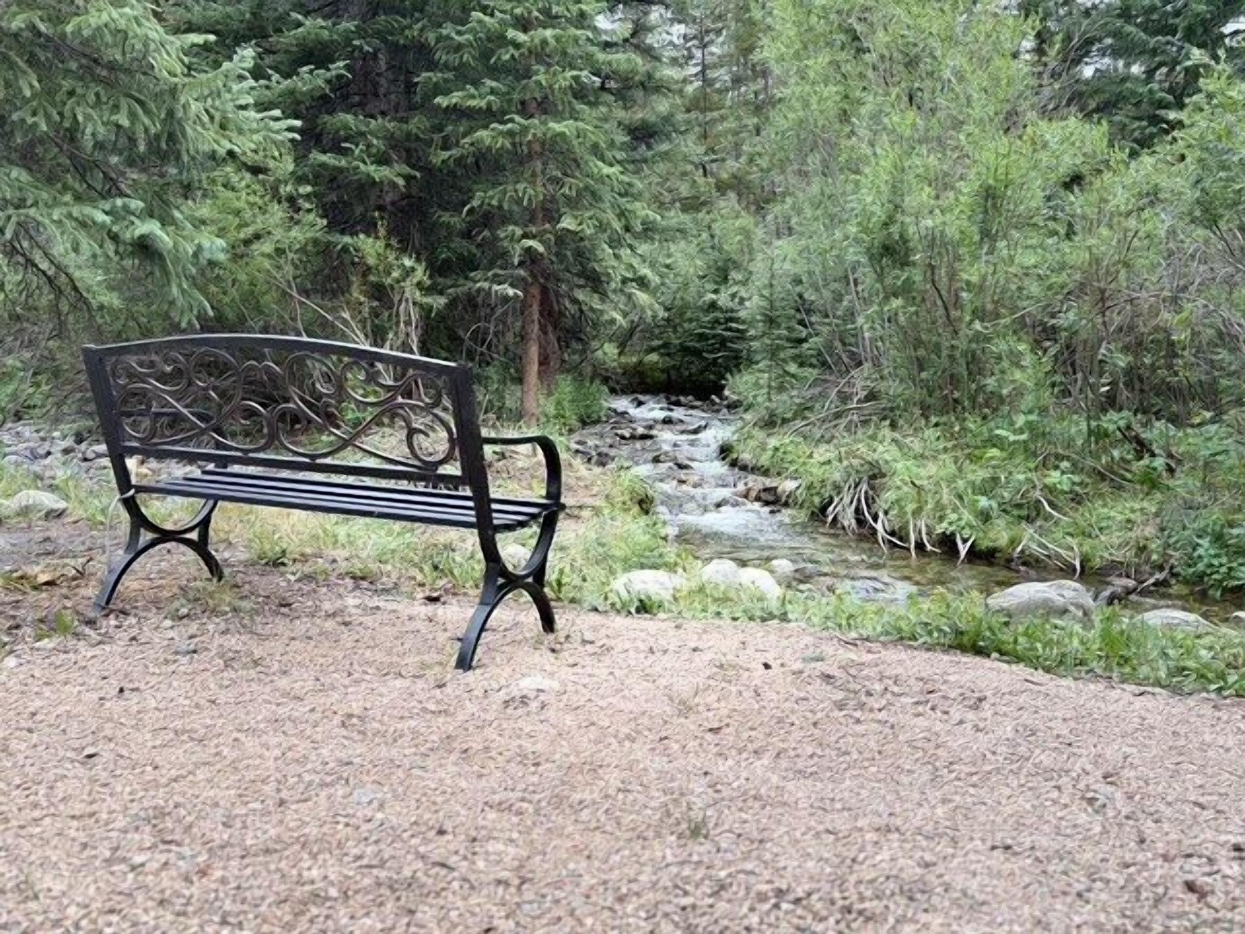 A bench in a natural setting with a gravel path and a stream.