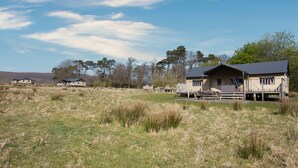 Een landelijke omgeving met meerdere vakantiehuisjes, elk met een veranda en terras, omringd door open velden en bomen.