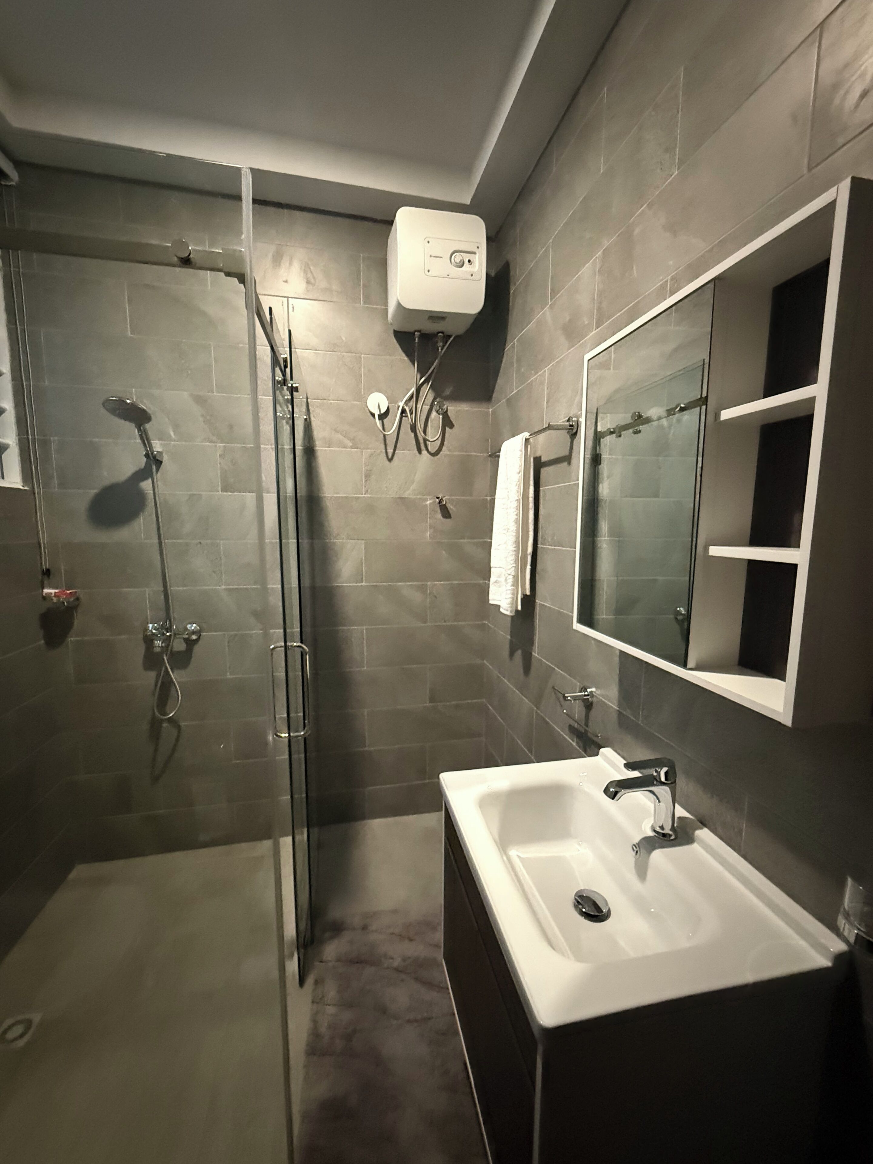 A modern bathroom with a glass shower enclosure, a white sink, and a large mirror.