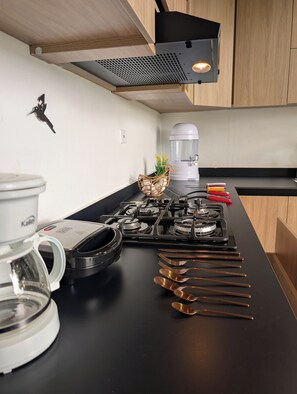 Kühlschrank, Ofen, Herdplatte, Wasserkocher mit Kaffee-/Teezubehör