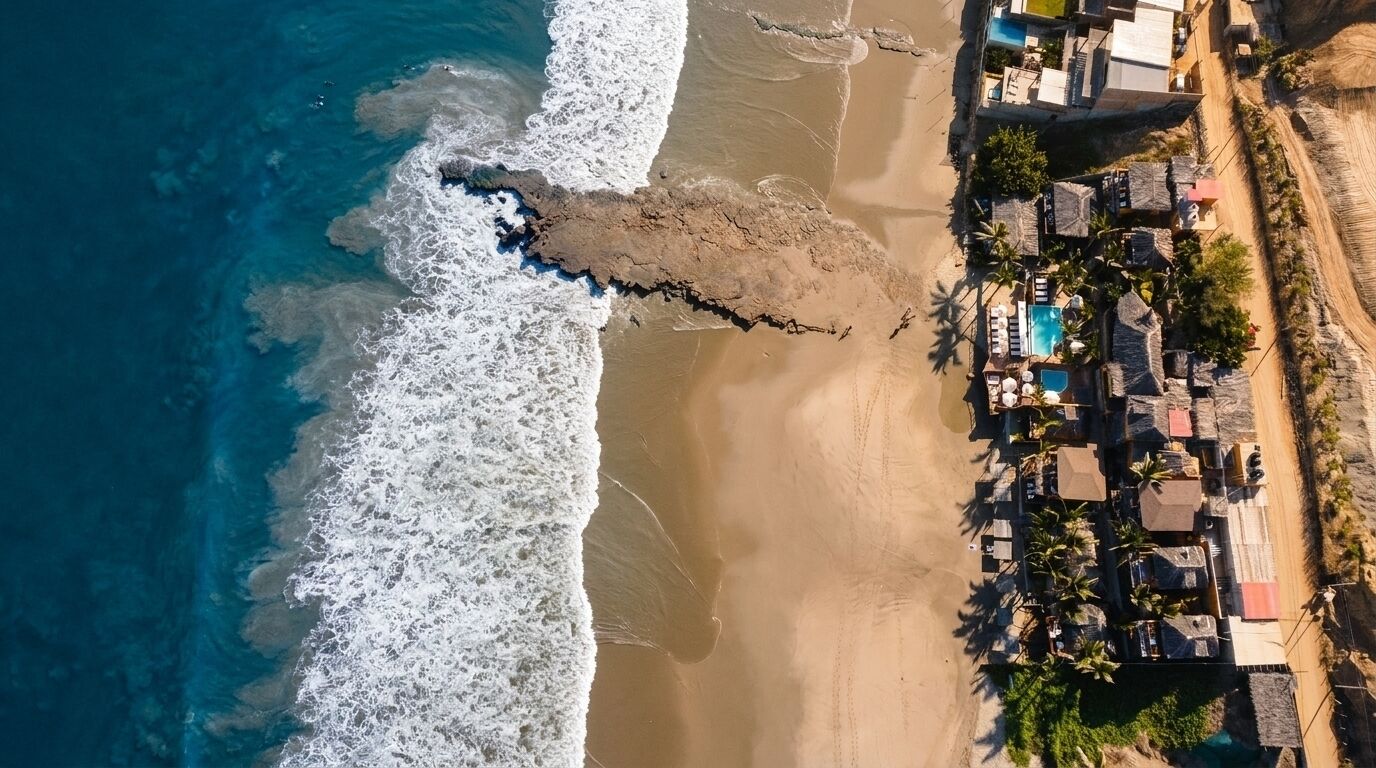 Eine Luftaufnahme eines Strandraums mit Schwimmbad, Strandstühlen und Palmen.