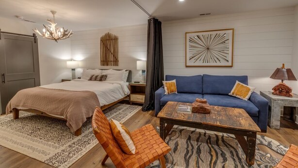A modern bedroom with a bed, a blue sofa, a wooden coffee table, and a patterned rug.