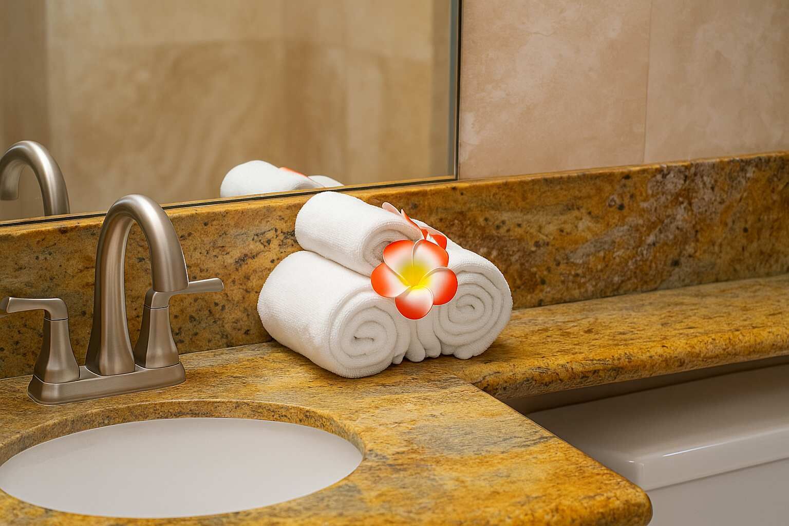 Ein Badezimmer mit einer Granit-Arbeitsplatte, einem weißen Waschbecken und einem Spiegel, der ein Handtuch mit einem Blumenmuster reflektiert.