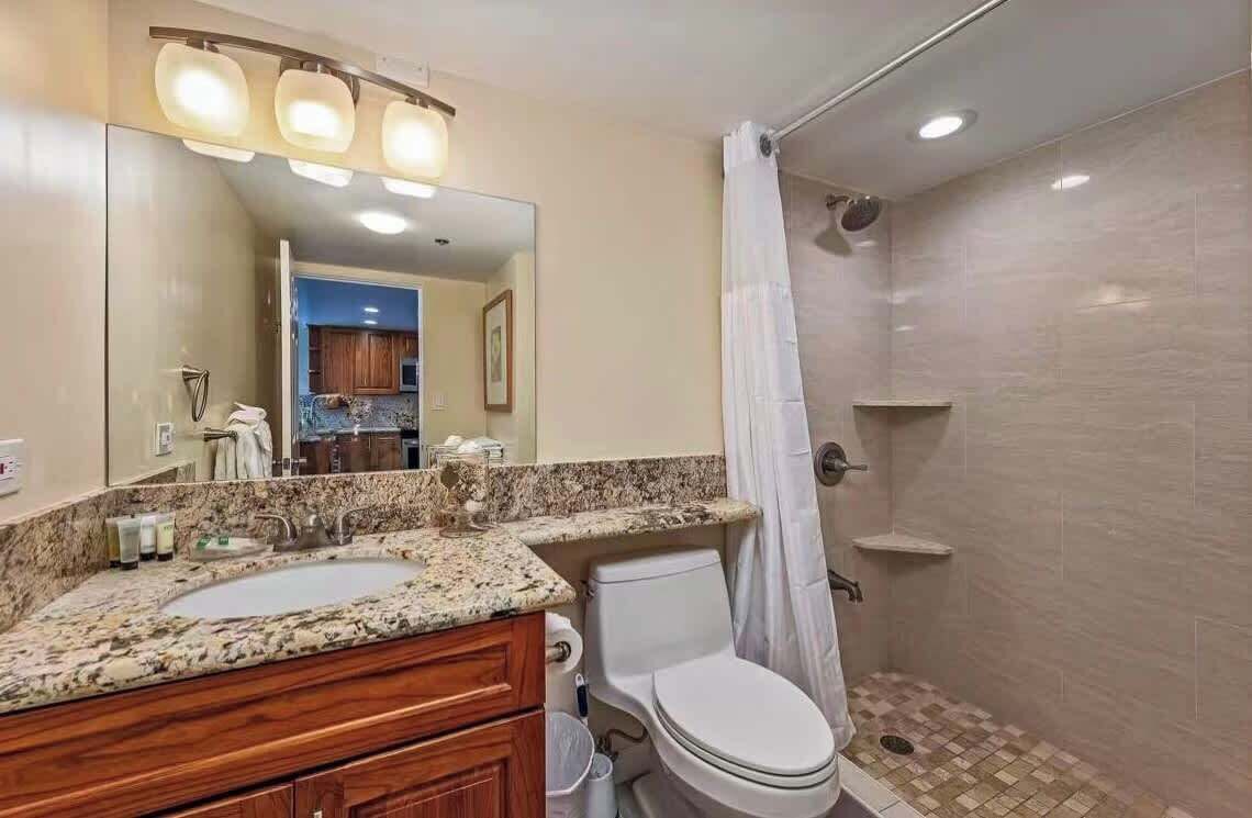 Baño con lavamanos de granito, inodoro y ducha con cortina.