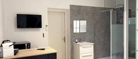 A modern bathroom with a shower, a sink, and a mirror.