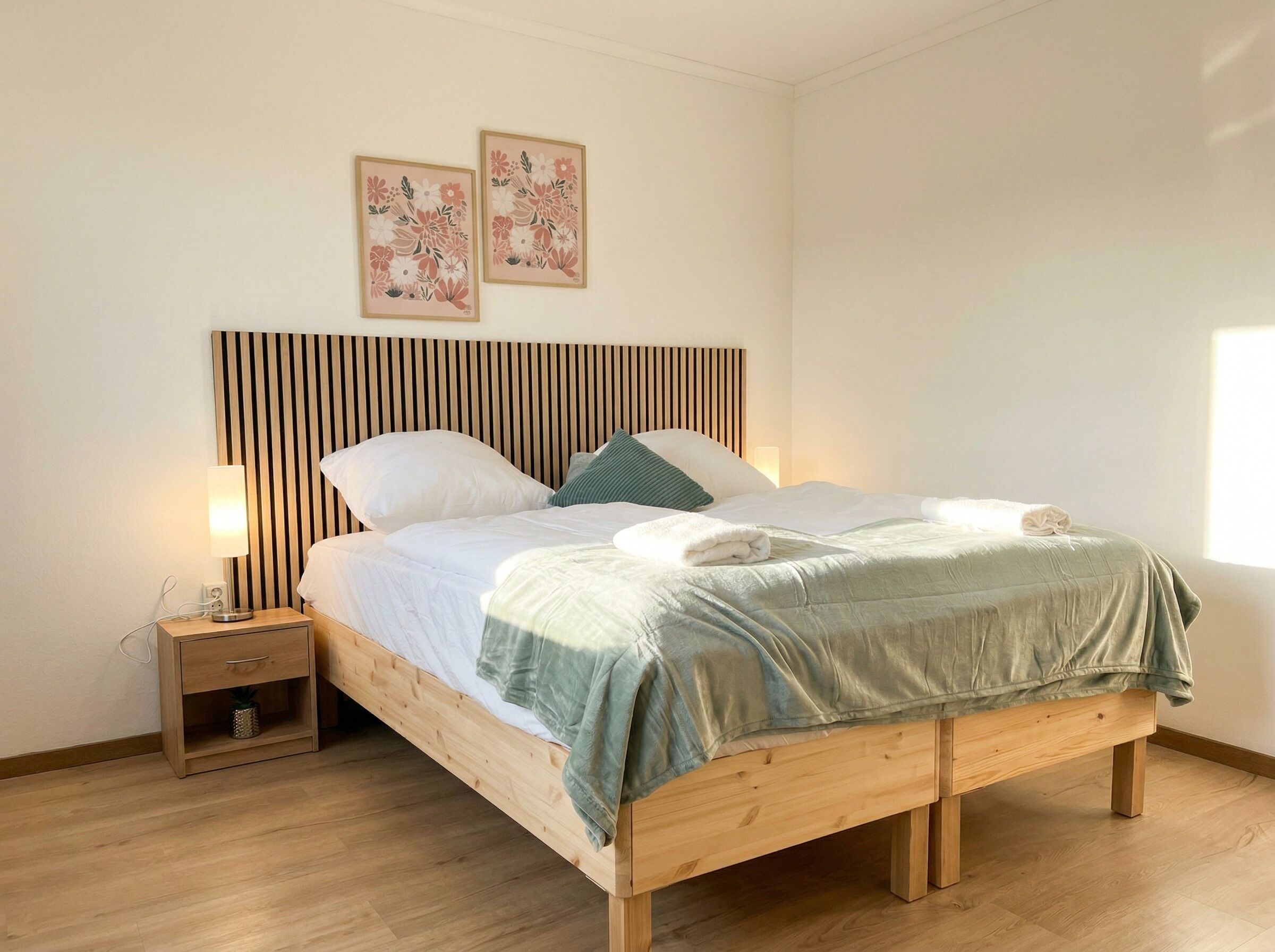 Un letto singolo con testiera a righe, un comodino con una lampada e due quadri floreali alle pareti.