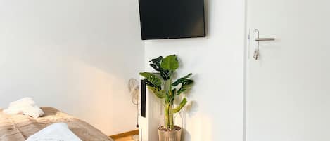 A bedroom with a bed, a wall-mounted TV, a potted plant, and a door.