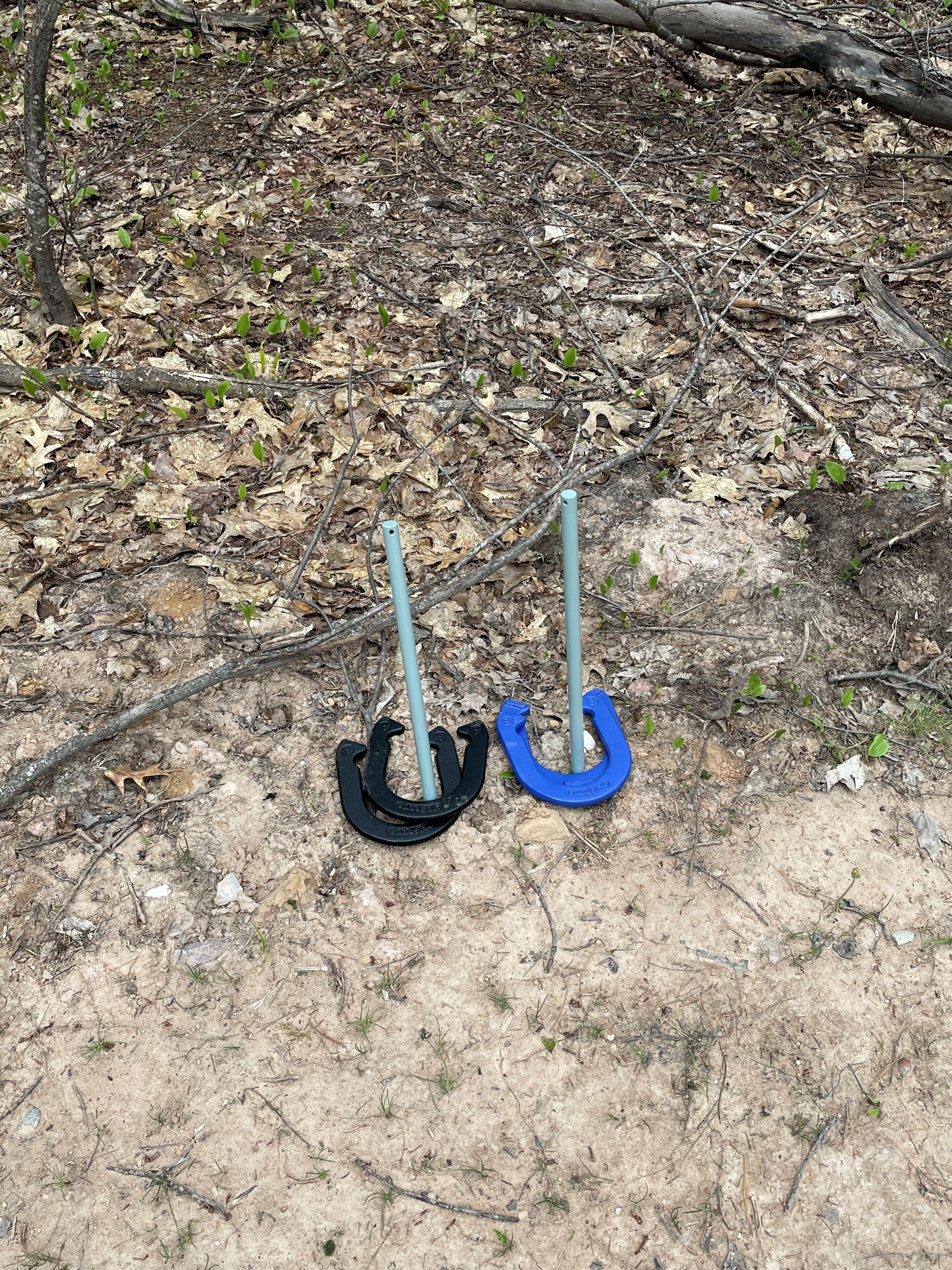 Two horseshoes on a dirt ground with sparse vegetation.