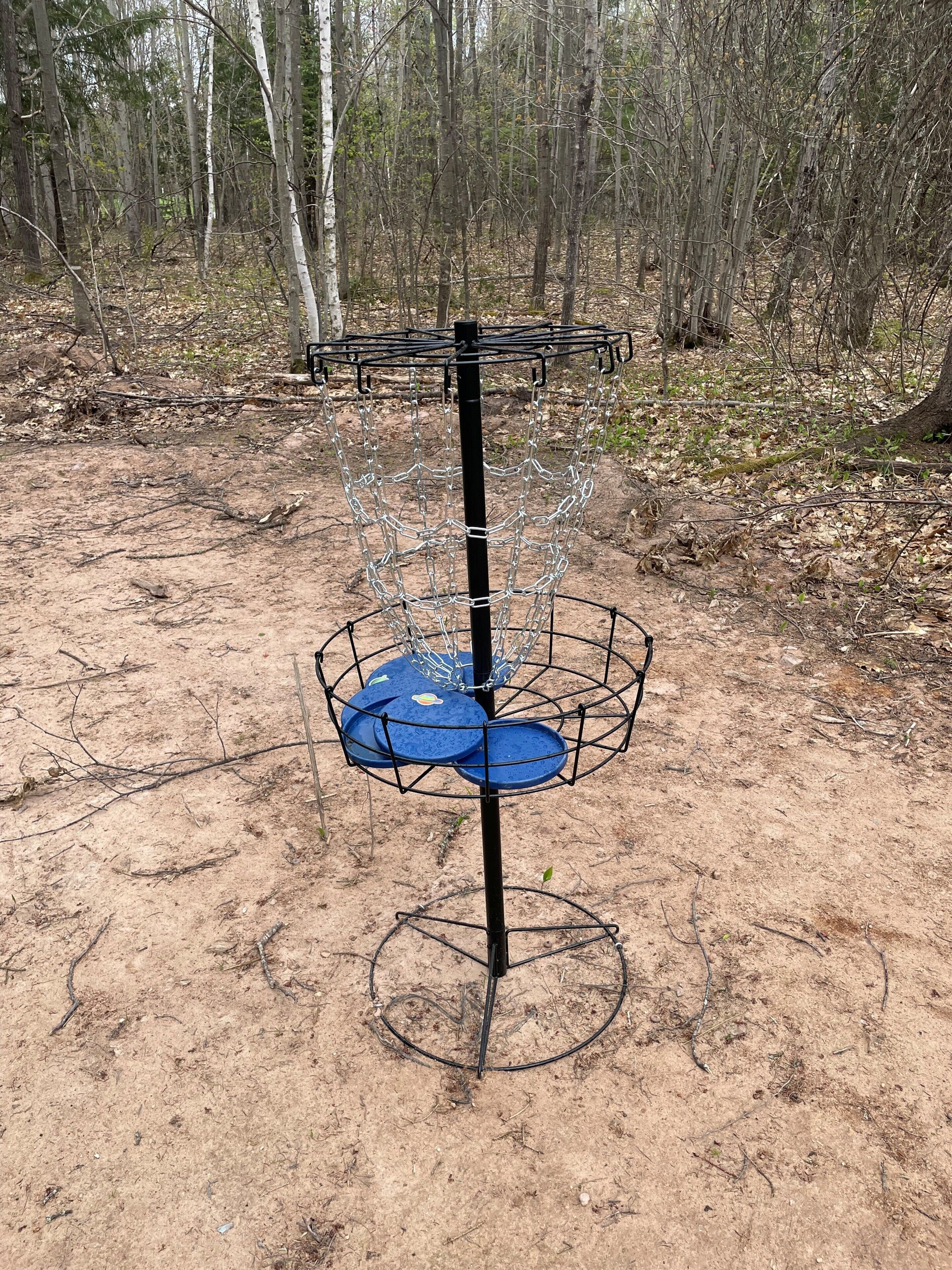 Uma cesta de disc golf numa área arborizada.