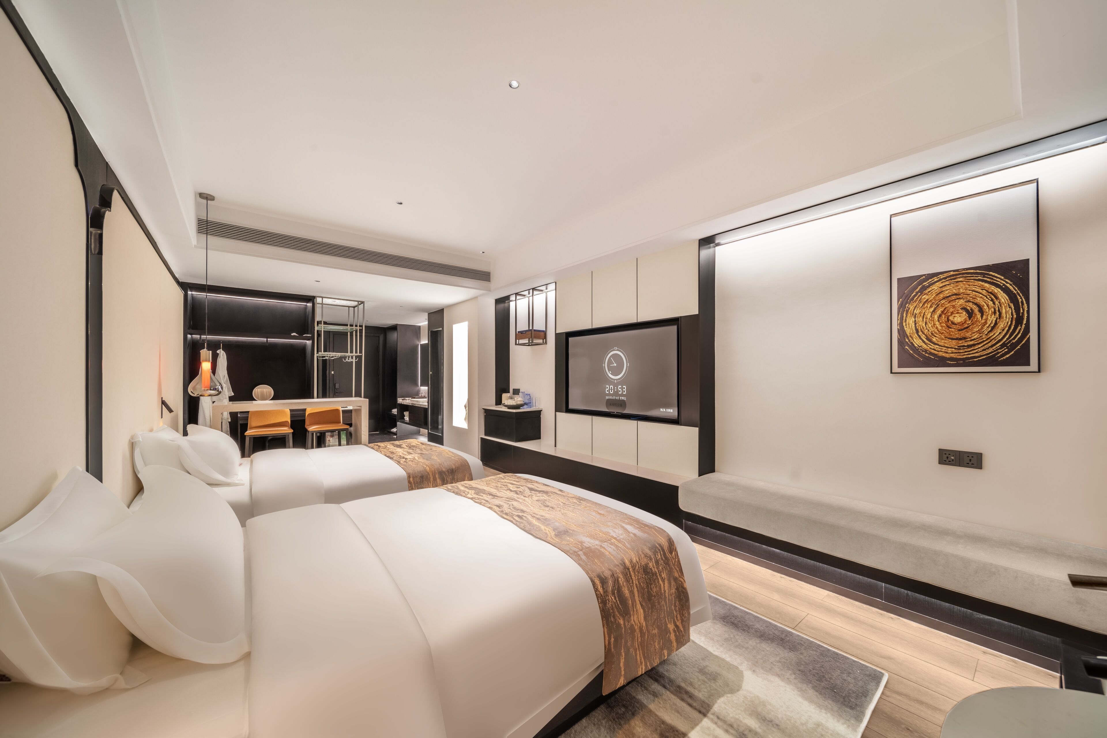 Desk, laptop workspace, blackout drapes, iron/ironing board