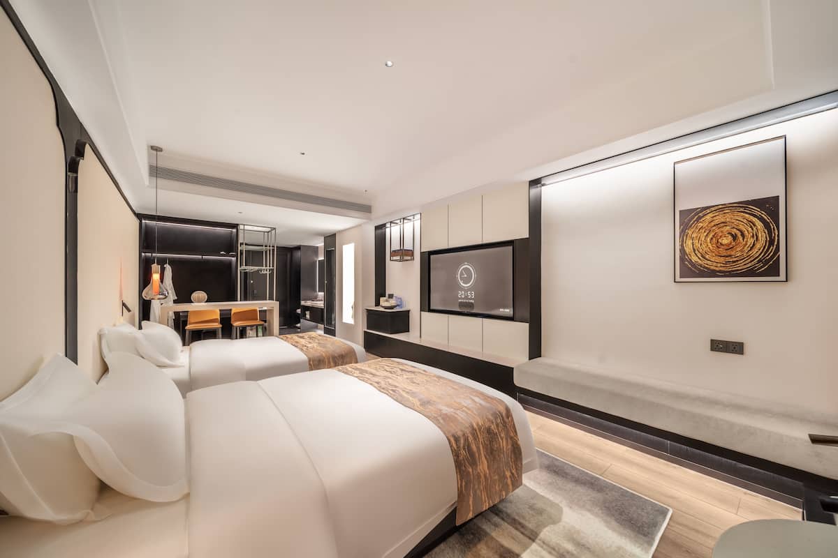 Desk, laptop workspace, blackout drapes, iron/ironing board