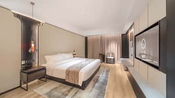 Desk, laptop workspace, blackout curtains, iron/ironing board