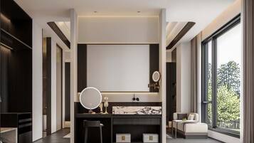 Luxury Suite, Mountain View | Desk, laptop workspace, blackout curtains, iron/ironing board