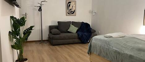 Una habitación con un sofá gris, una cama con una manta verde, una planta en maceta y una lámpara de pie.