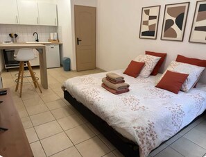 Un dormitorio con una cama, un escritorio y una silla.