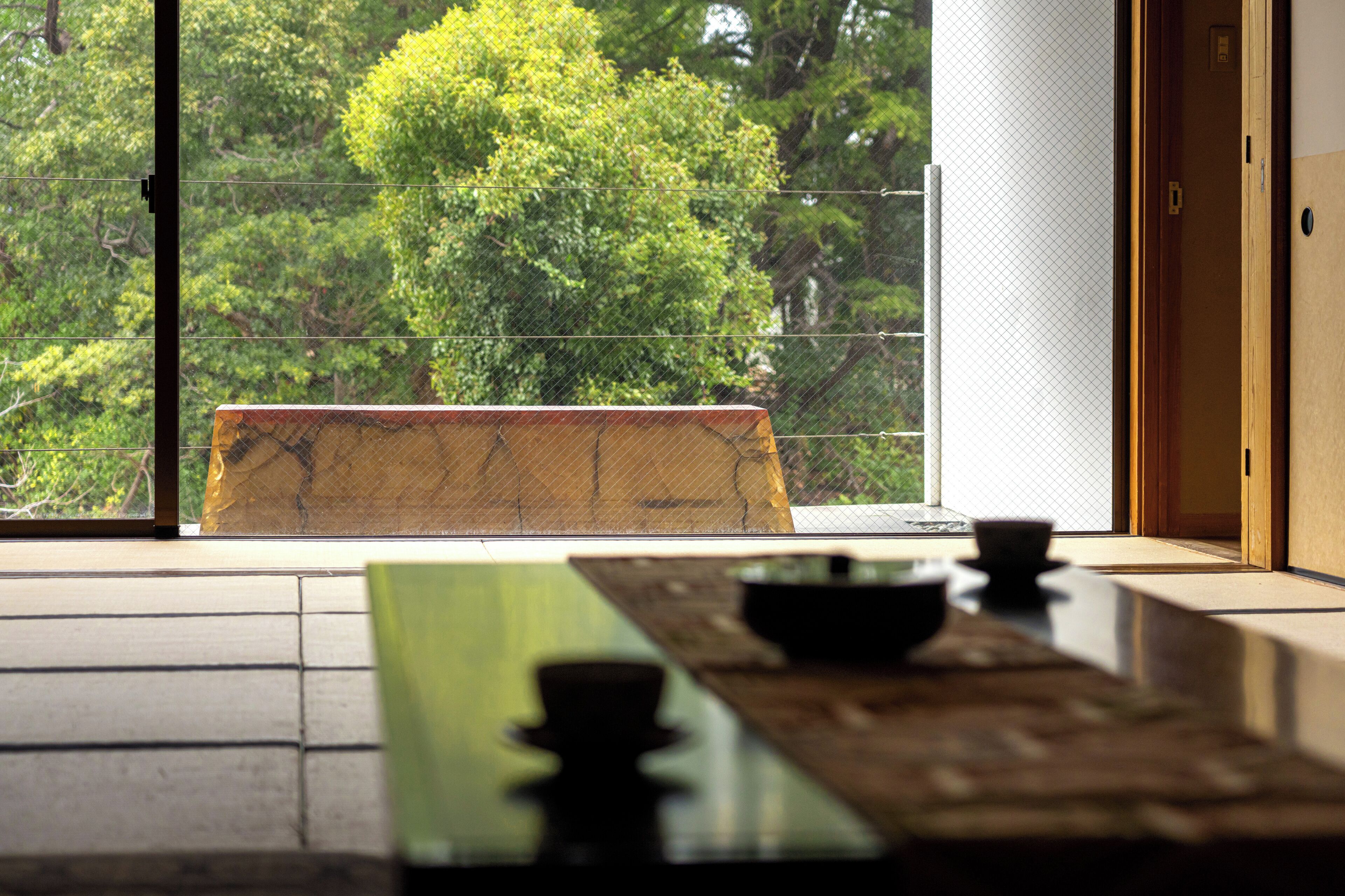 A traditional Japanese room with tatami flooring, a low table with a bowl, and a view of lush greenery through a wire mesh window.