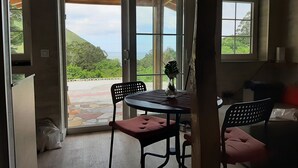 Ein Zimmer mit Tisch und Stühlen, Blick auf Grünflächen und ein Gewässer durch große Glaswände, sowie ein Steinfliesenboden.