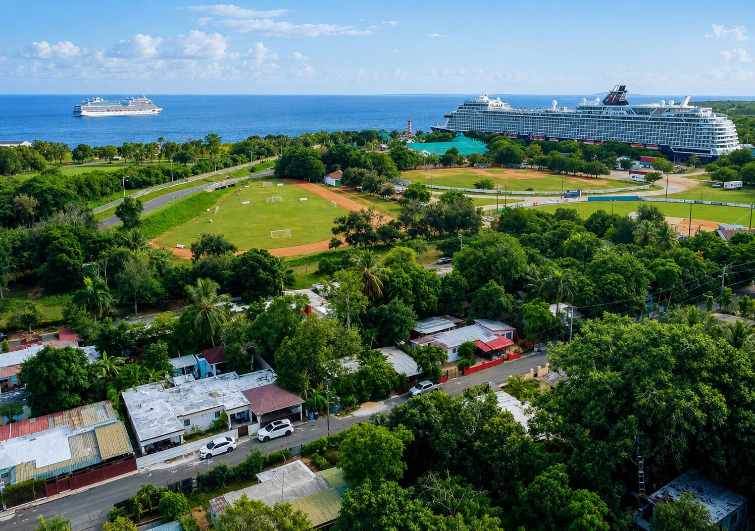 A coastal area with a large cruise ship docked, a soccer field, and residential buildings.