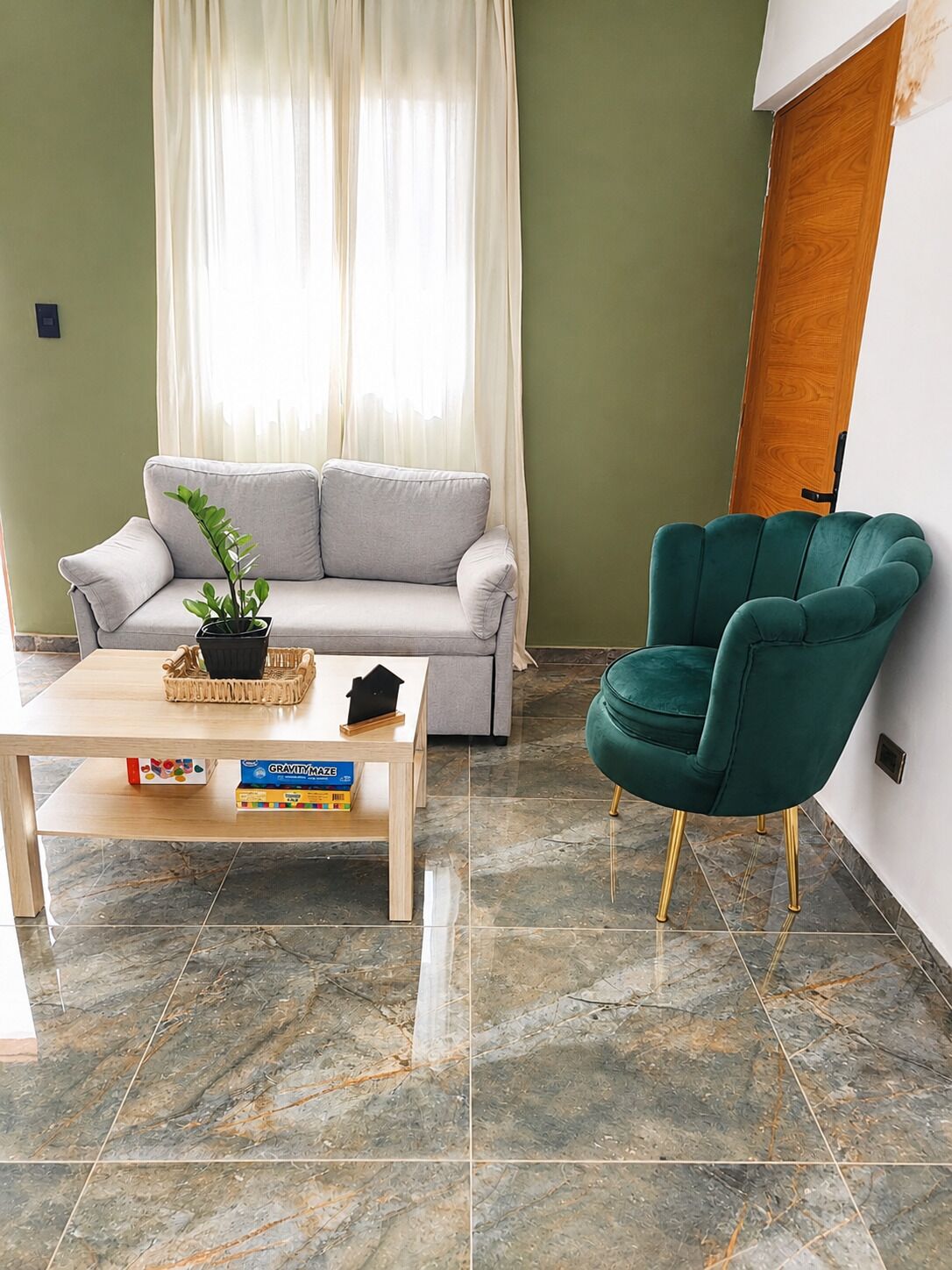 A living room with a sofa, a green armchair, a coffee table with a plant and books, and a wooden door.
