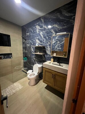 Eco-friendly toiletries, hair dryer, towels, soap