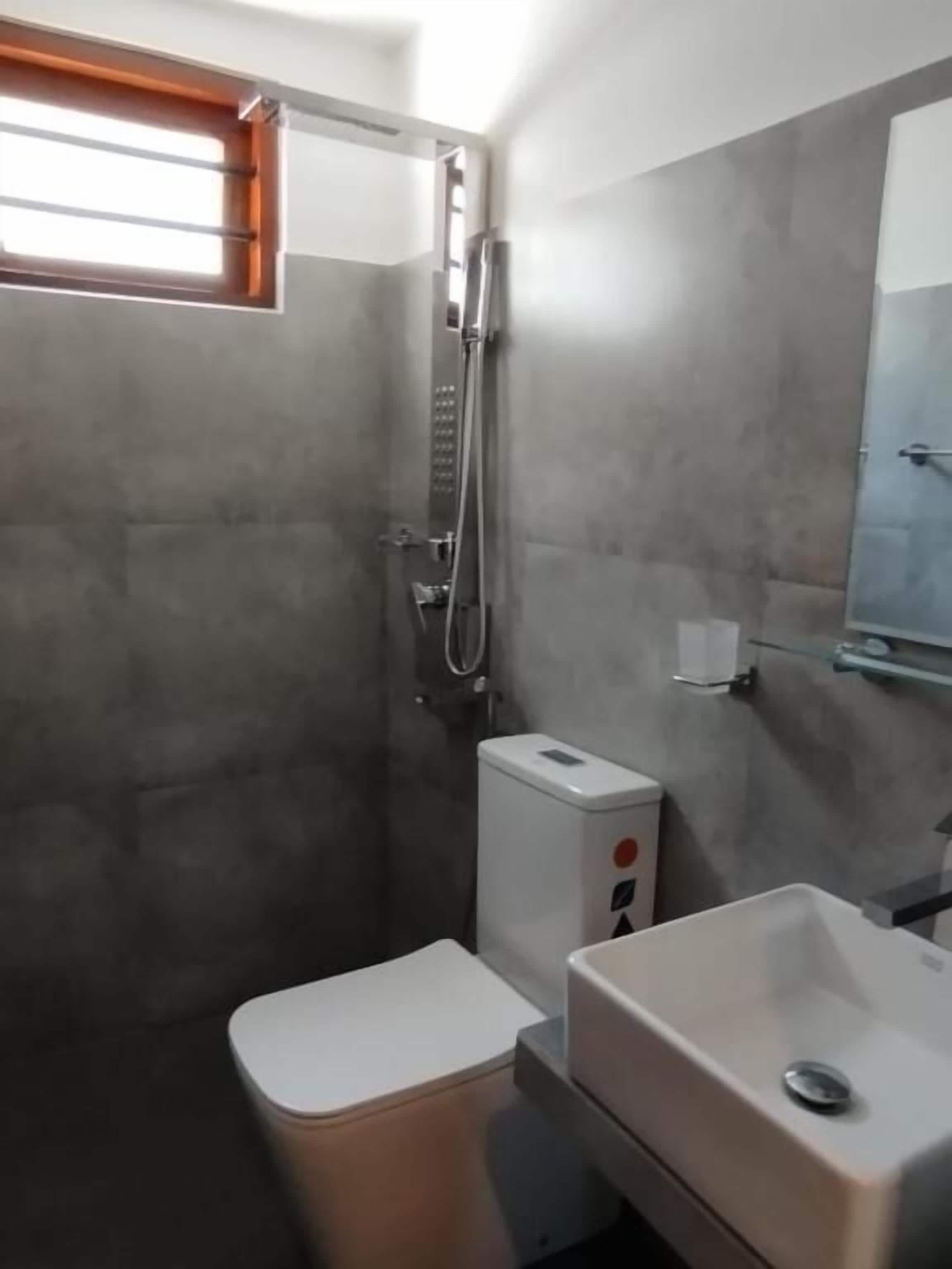 Une salle de bain avec des toilettes, un lavabo et une douche.