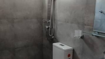 Une salle de bain avec des toilettes, un lavabo et une douche.