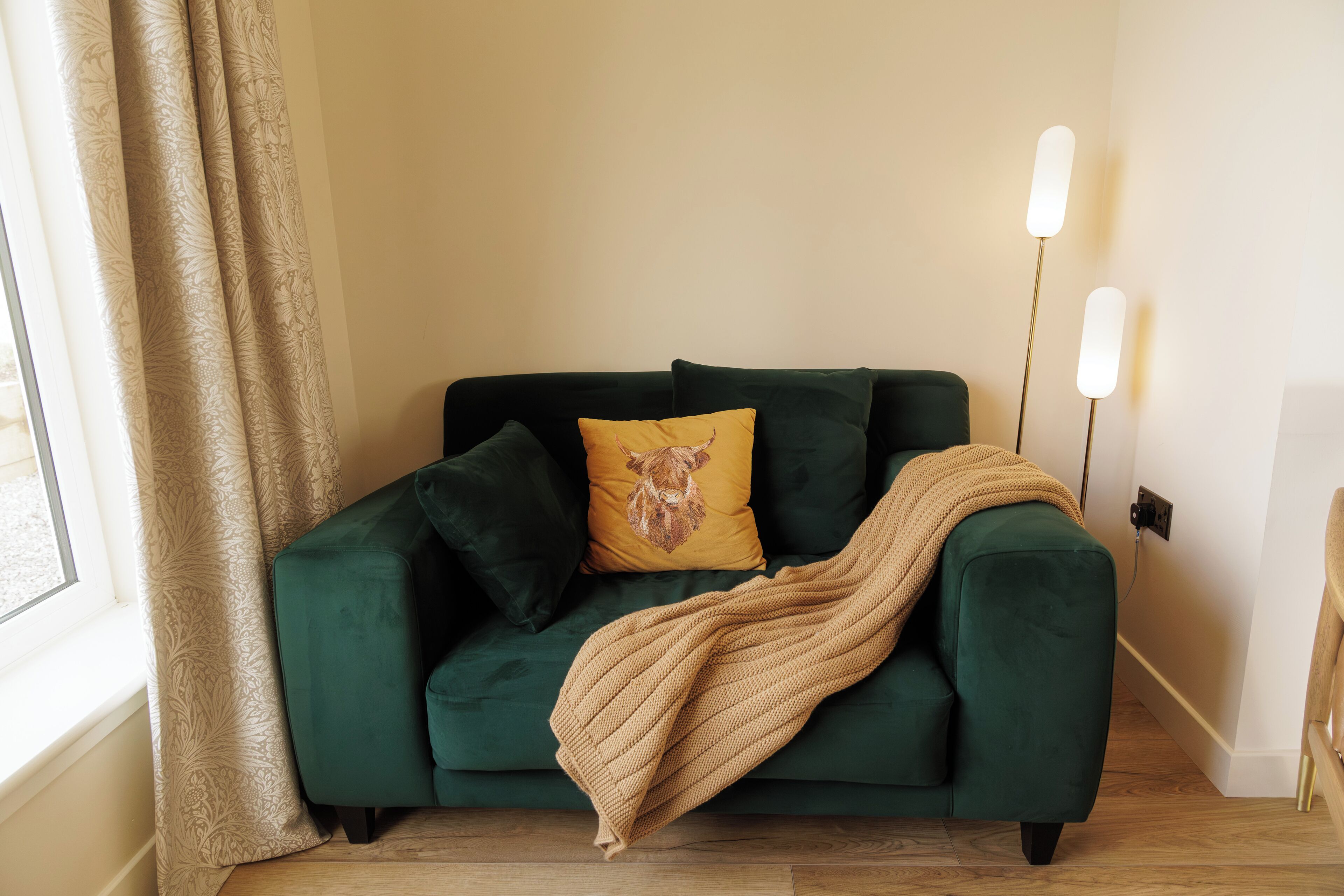 A green sofa with a throw blanket, a yellow pillow with a dog design, and a floor lamp.