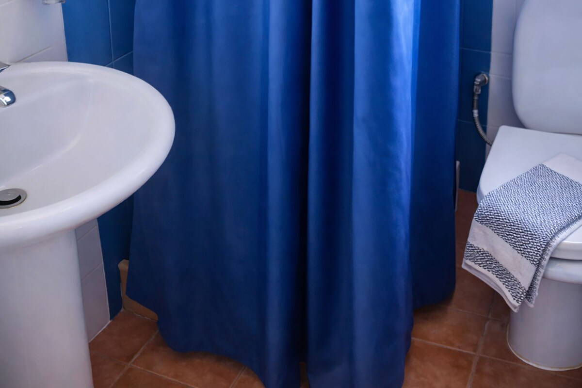 A bathroom with a blue shower curtain, white sink, and toilet.