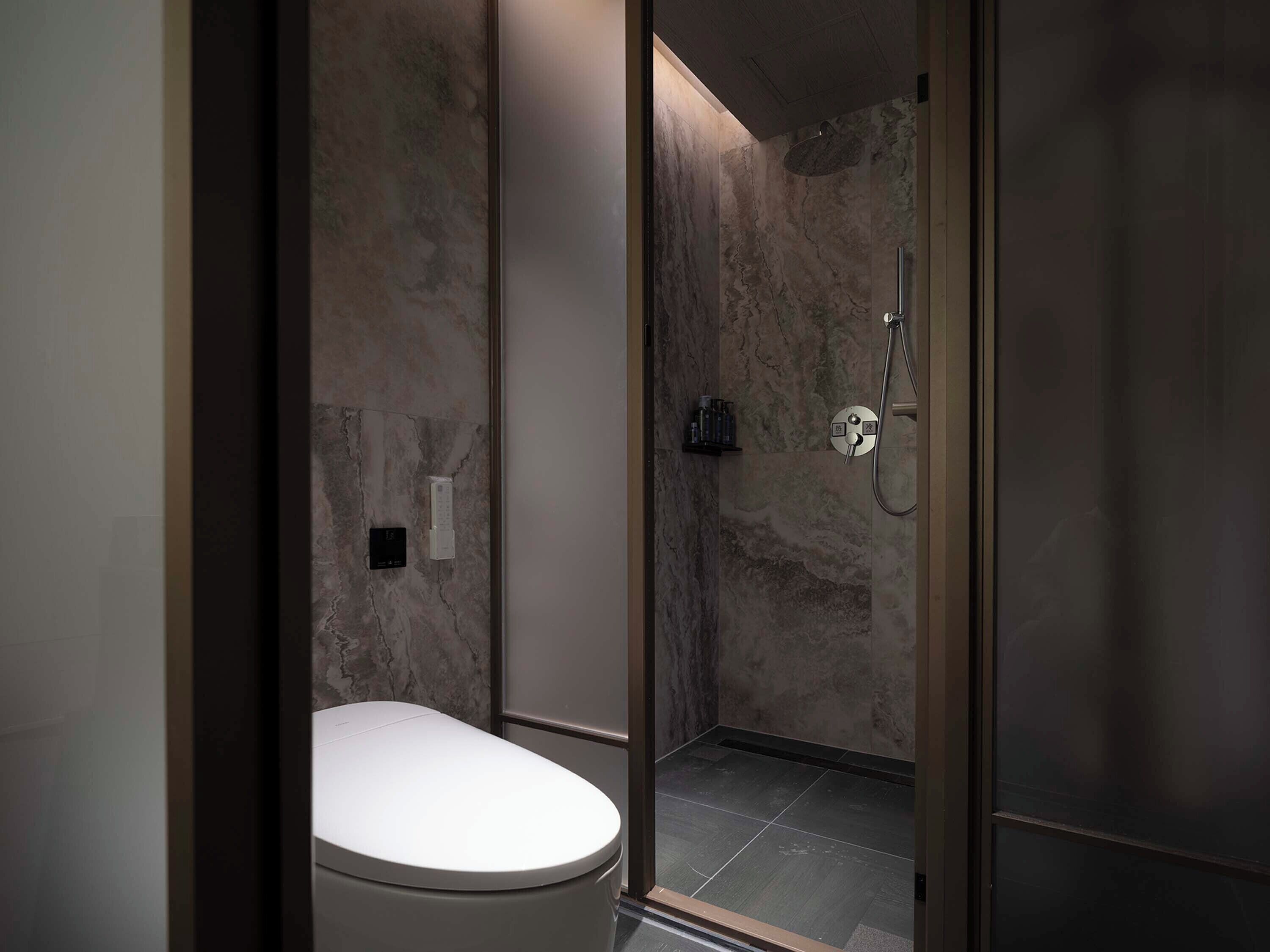 Ein modernes Badezimmer mit Toilette, einer Dusche inklusive Duschbrause und einer Wandbedienung.