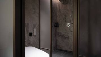 Ein modernes Badezimmer mit Toilette, einer Dusche inklusive Duschbrause und einer Wandbedienung.