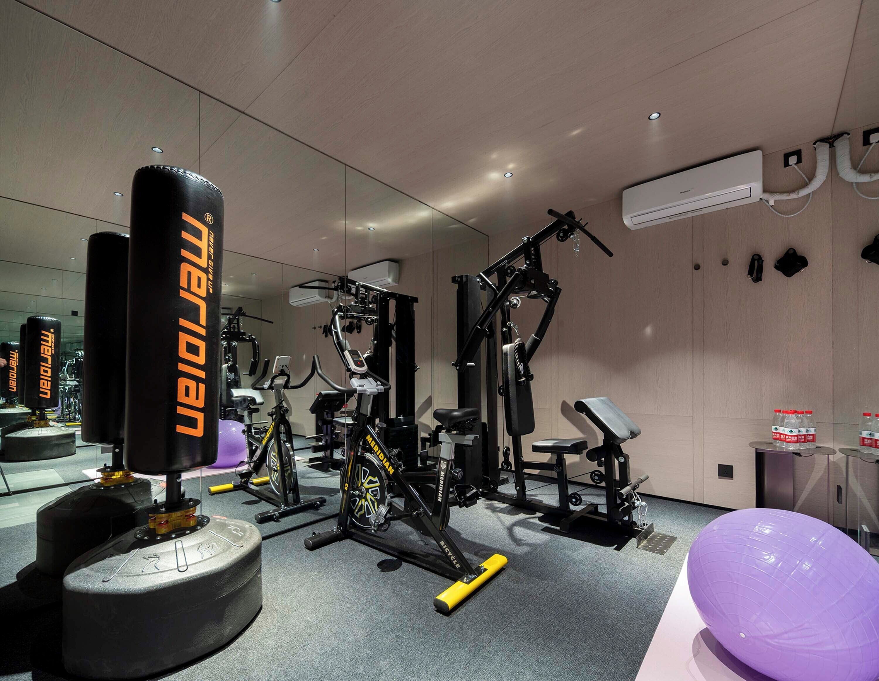 Un gimnasio moderno con diversos equipos de ejercicio, como una bicicleta estática, una máquina de remo y un saco de boxeo.